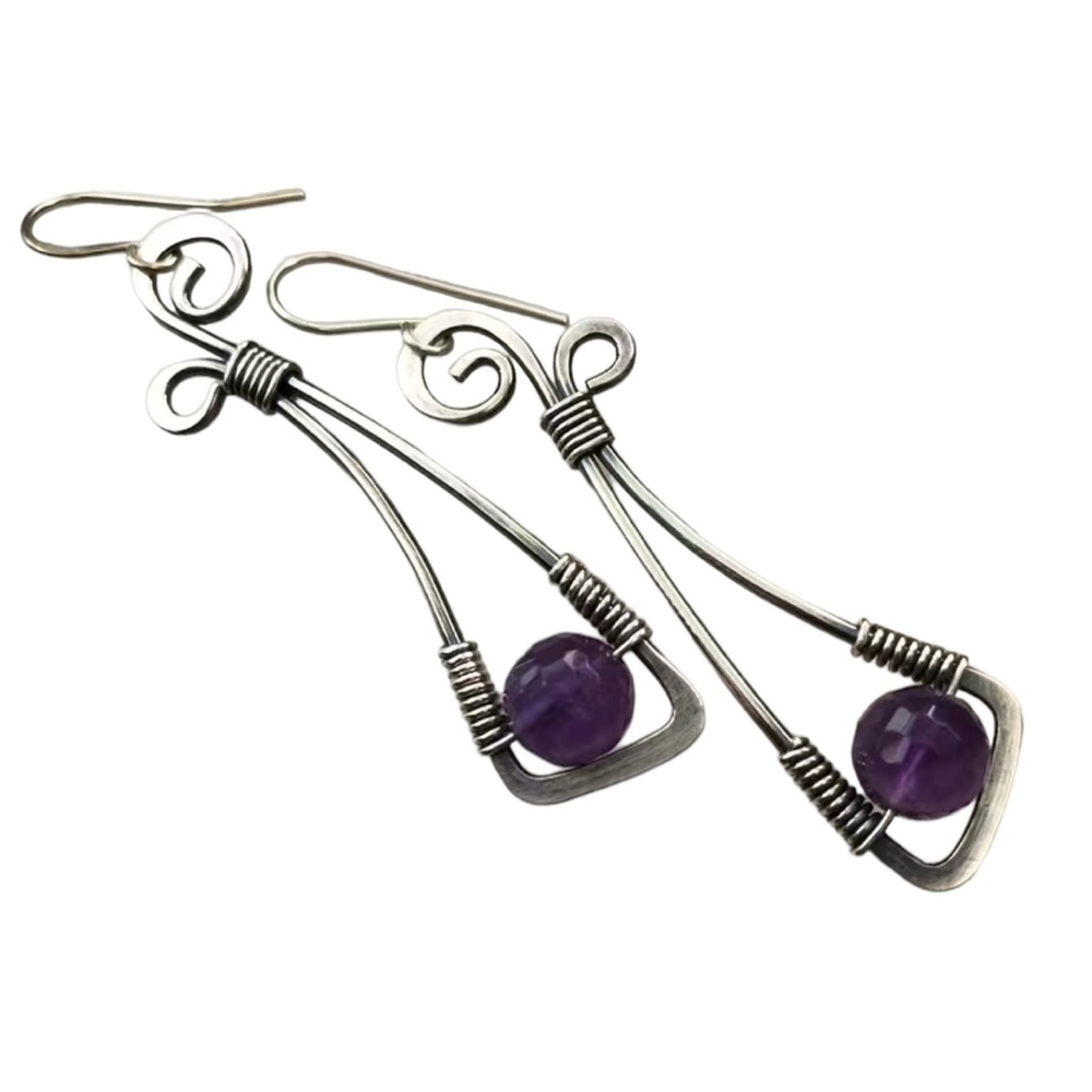 Vintage Boho Silver and Purple Hollowed Out Drop Earrings